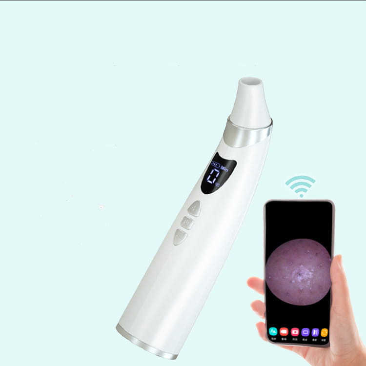 White and silver handheld electric visual blackhead dermatoscope with digital display designed for precise skin analysis and suction cleaning