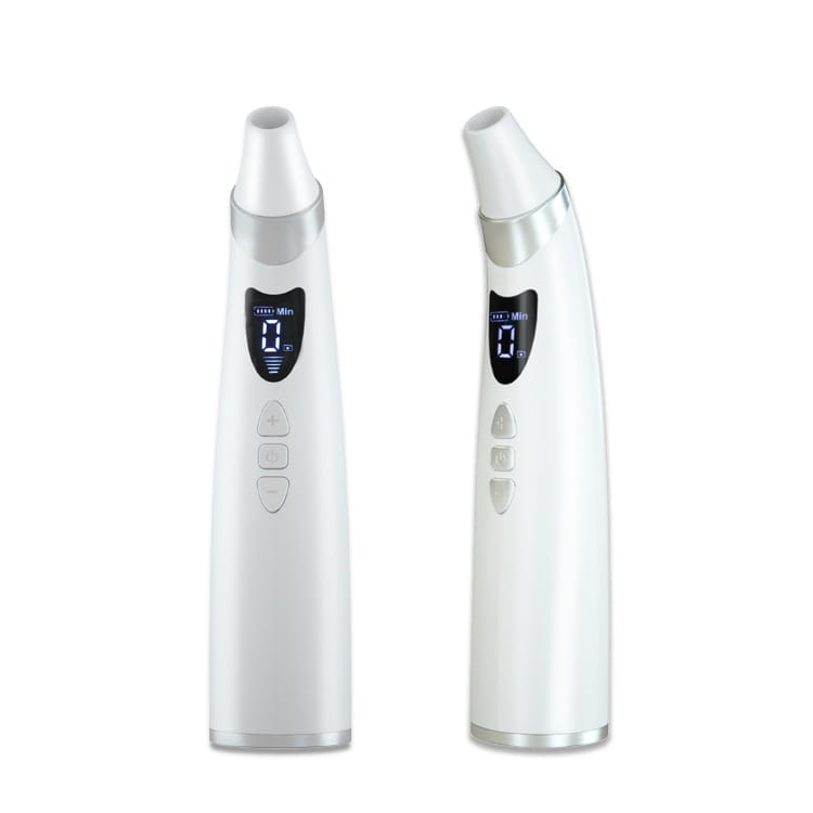 Two sleek white and silver electric visual blackhead suction facial cleansing devices with touch-sensitive controls for deep pore cleaning.