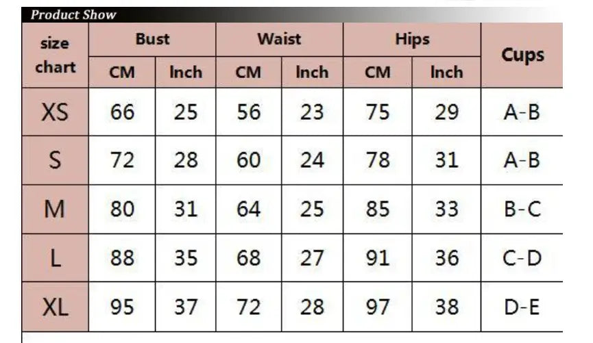 Size chart for leopard print breathable strap bikini swimsuit displaying bust waist hips and cup size measurements in centimeters and inches.
