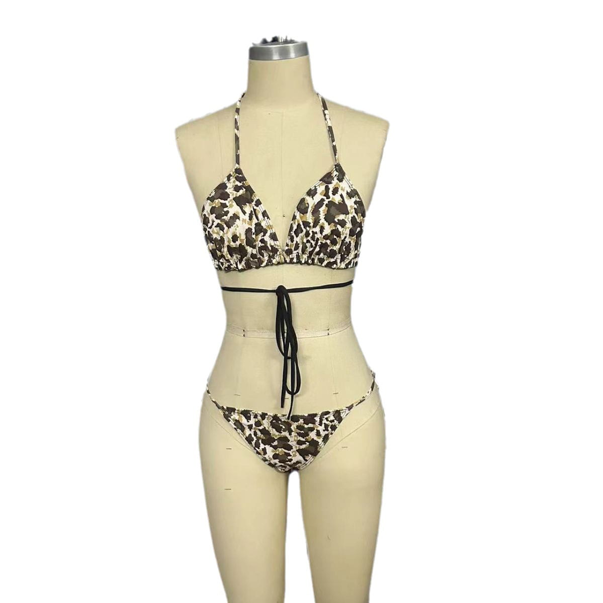 A two-piece leopard print breathable strap bikini swimsuit featuring a triangle top, matching bottoms with thin straps, and a black tie at the waist.