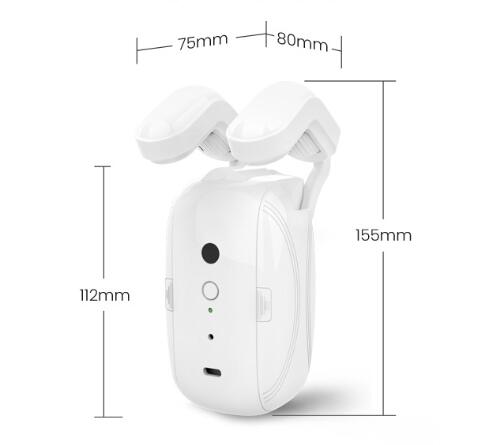 White plastic wifi curtain robot for roman rod with two adjustable clip arms, central control panel featuring buttons, camera lens, and charging port.