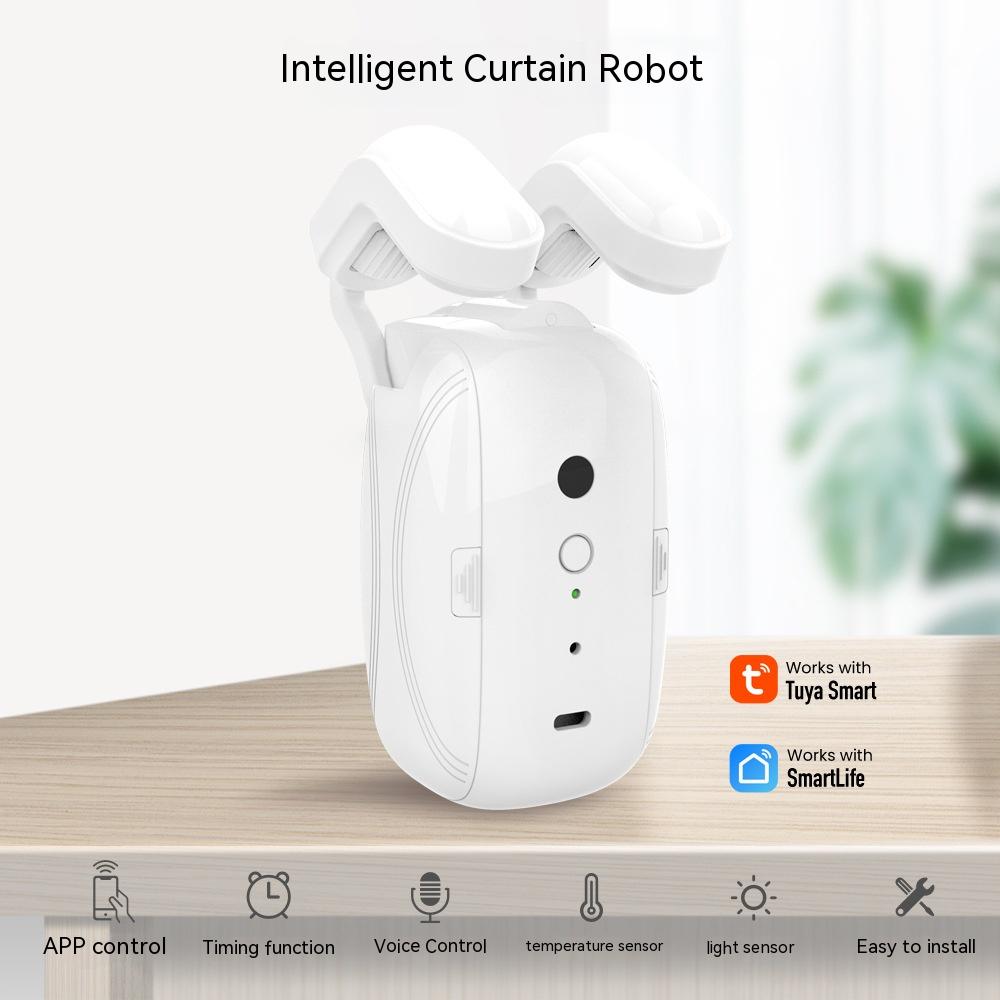 White wifi curtain robot made of white plastic with a sleek rounded design and two adjustable arms for automated roman rod window treatment control.