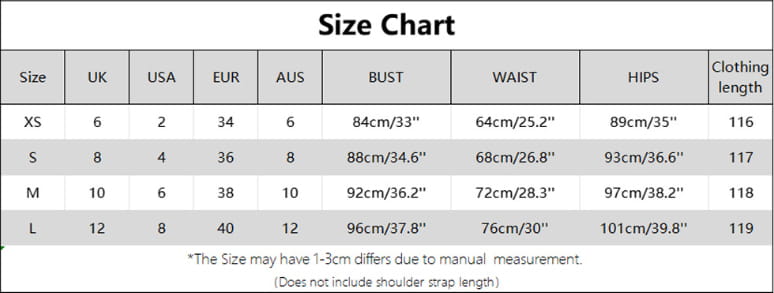 Size chart for a red satin long dress sexy fashion bandeau mermaid gown showing international measurements for bust waist hips and clothing length.