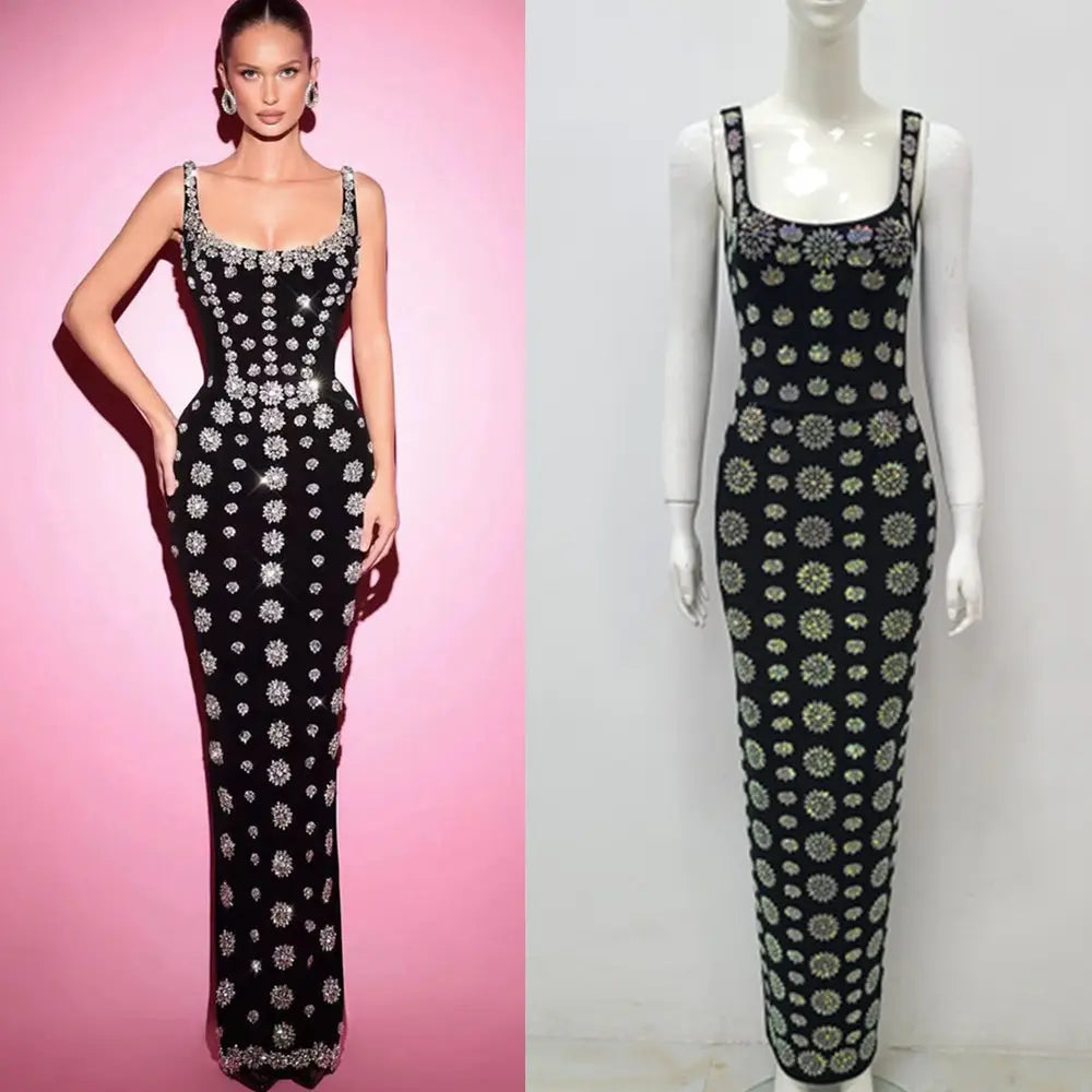 Black rhinestone elegant slim bandage evening dress in black satin with silver and white floral beading featuring a square neckline and thin straps.