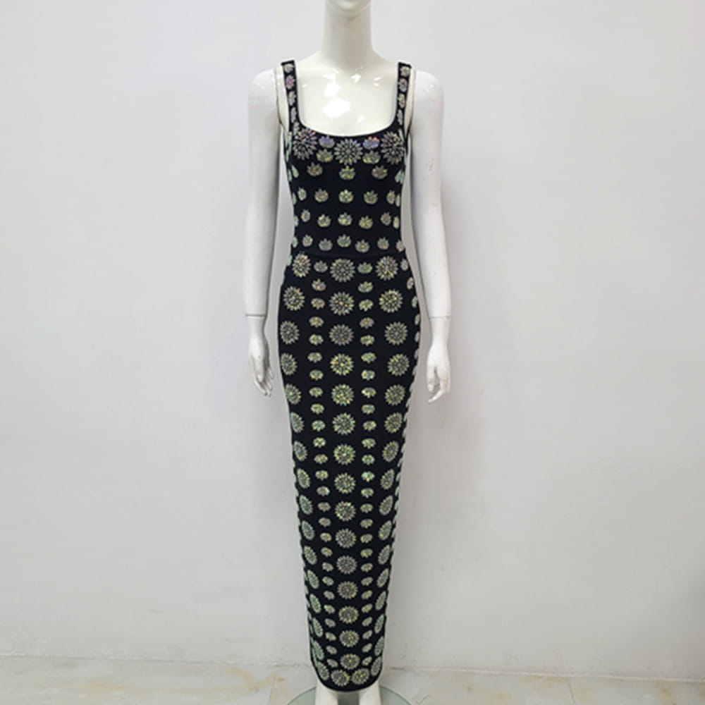 black rhinestone elegant slim sleeveless maxi dress featuring intricate silver and gold floral embroidery along the straps and body perfect as an elegant slim bandage evening dress