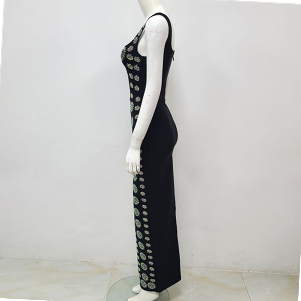Black rhinestone elegant slim sleeveless dress with fitted bodice and flared skirt featuring vertical silver floral embroidery along the side seam for an elegant slim bandage evening look.