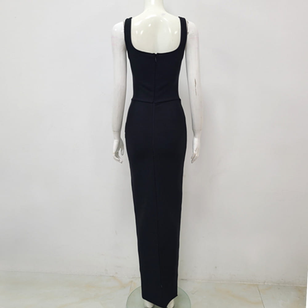 black rhinestone elegant slim sleeveless bandage evening dress with square neckline and fitted silhouette