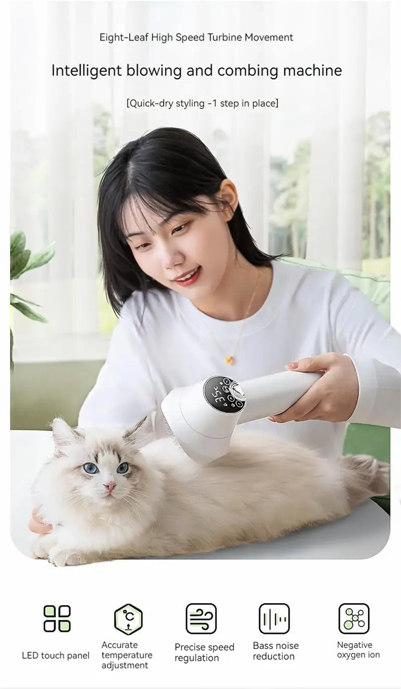 smart 2-in-1 white handheld pet hair dryer with black control panel and led touch screen for efficient pet hair drying.