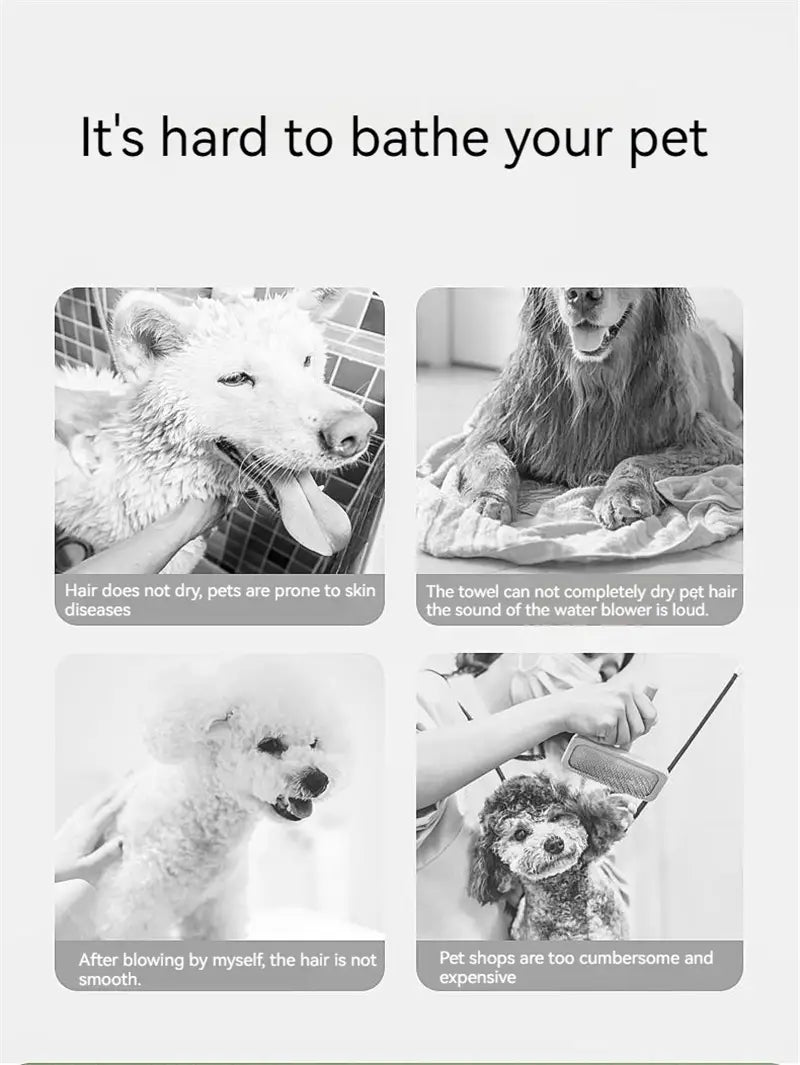 A black-and-white image illustrating common challenges in pet grooming such as wet fur that does not dry well and the inconvenience of using a water blower or visiting pet shops featuring the smart 2-in-1 pet hair dryer with digital display designed for efficient pet hair drying.