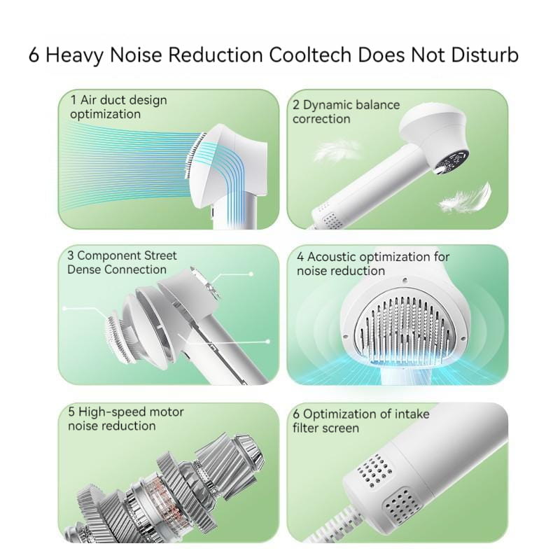 white handheld smart 2-in-1 pet hair dryer with sleek ergonomic design and digital display featuring multiple technical elements for quiet operation and efficient pet hair drying.