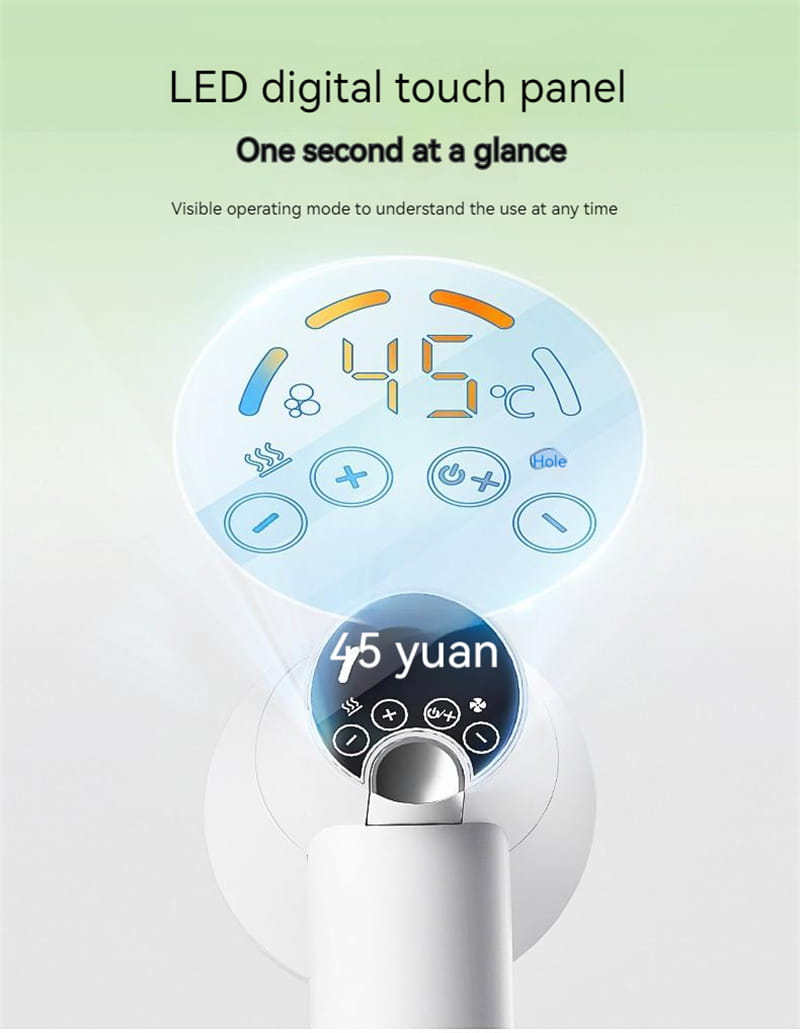 White digital touch panel heater with led display showing 45 degrees Celsius and control buttons for temperature adjustment on smart 2-in-1 pet hair dryer with digital display for efficient pet hair drying.