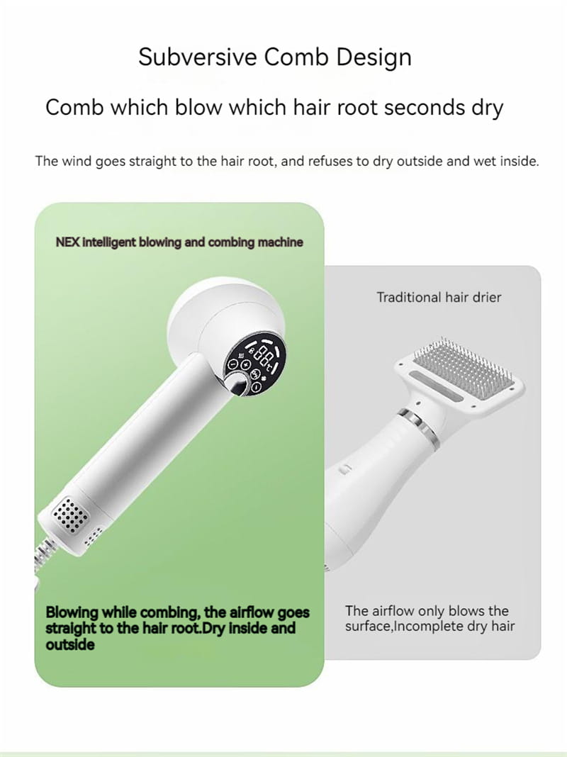 White nex intelligent smart 2-in-1 pet hair dryer with digital display featuring integrated bristles for simultaneous drying and styling of pet hair with a sleek ergonomic design.