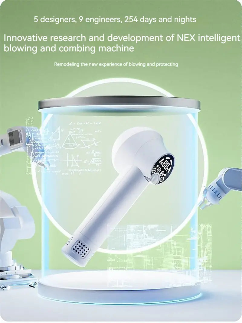 White nex intelligent smart 2-in-1 pet hair dryer with digital display and perforated base displayed in a futuristic glass enclosure for efficient pet hair drying and grooming.
