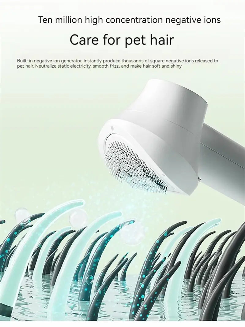 White handheld smart 2-in-1 pet hair dryer with digital display and brush head designed for smoothing and styling pet hair.