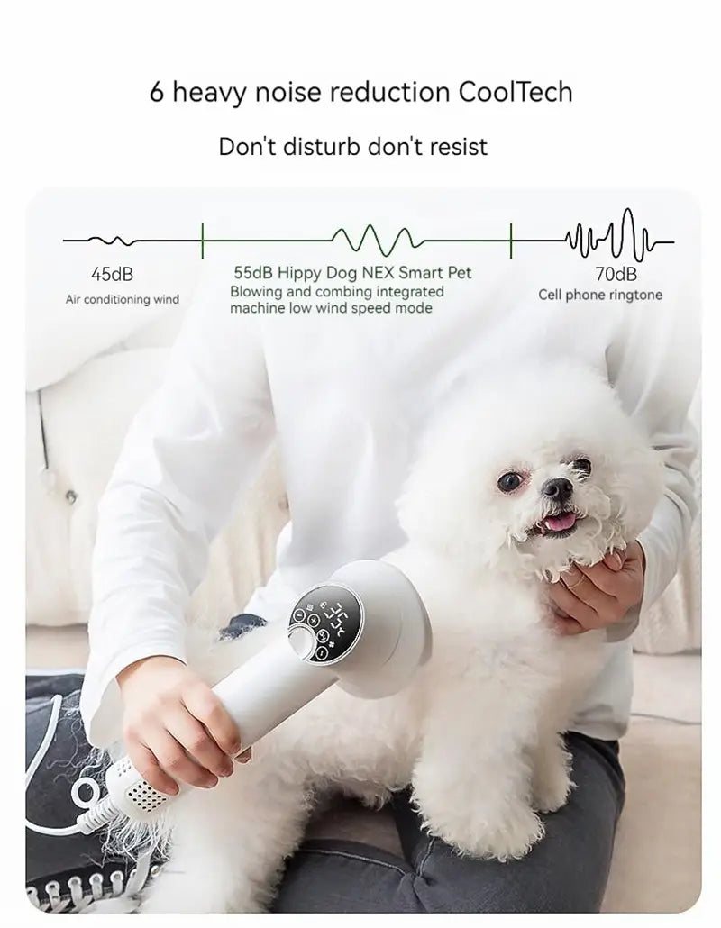 White hippy dog nex smart 2-in-1 pet hair dryer with digital display featuring a sleek ergonomic design for drying and combing pet hair efficiently.