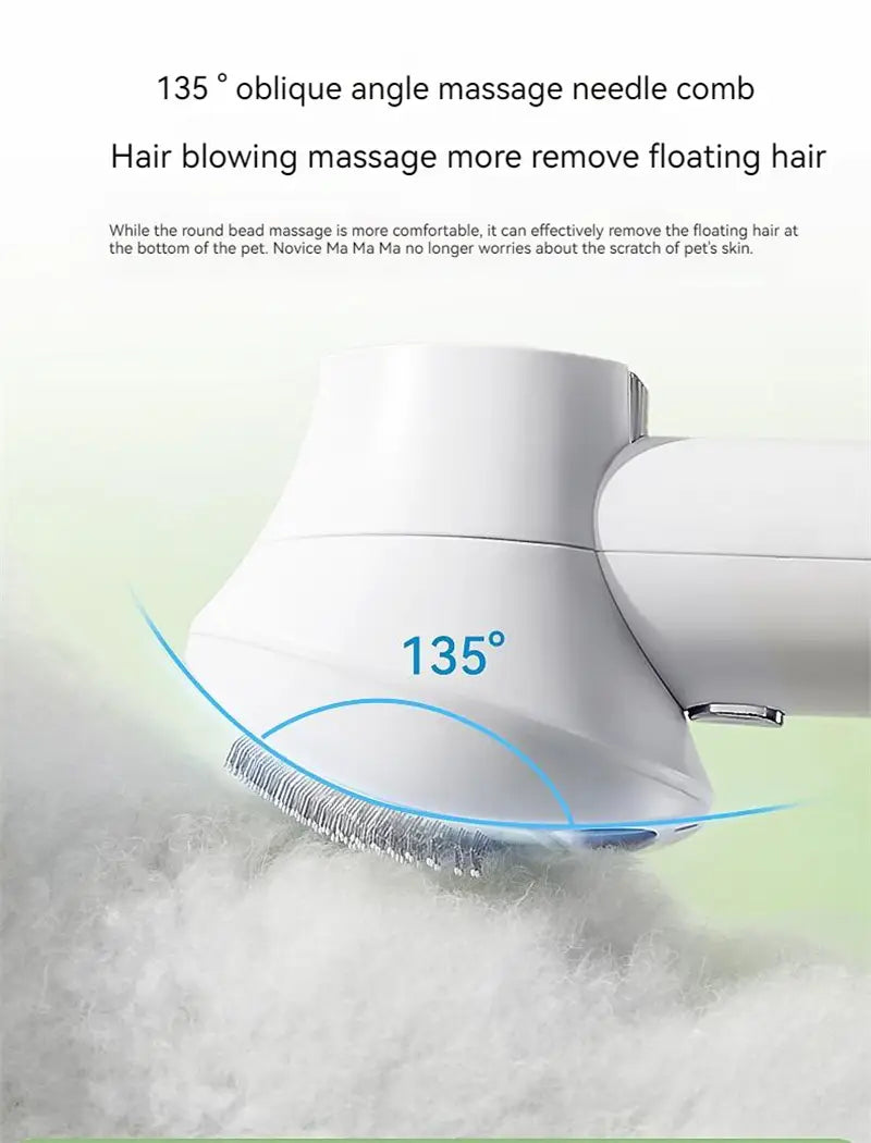 white plastic 135° oblique angle massage needle comb attachment for smart 2-in-1 pet hair dryer with digital display designed for efficient pet hair removal.