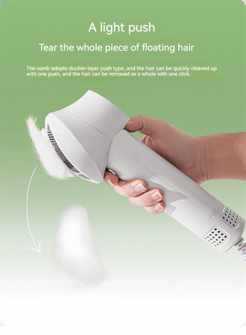 White plastic hair comb with double-layer push mechanism for removing floating pet hair in one click, featured with the smart 2-in-1 pet hair dryer with digital display.