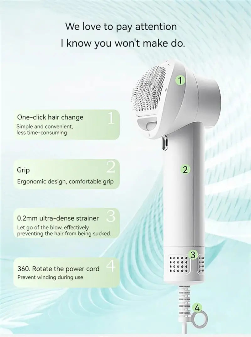white handheld smart 2-in-1 pet hair dryer with an ergonomic grip and textured mesh-like nozzle featuring a digital display for efficient pet hair drying.