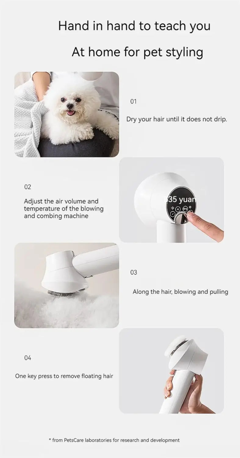 white handheld smart 2-in-1 pet hair dryer with circular control dial and adjustable airflow settings for drying pet hair
