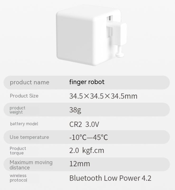 white plastic bluetooth finger robot with compact cube-shaped body and integrated charging port designed for voice control applications