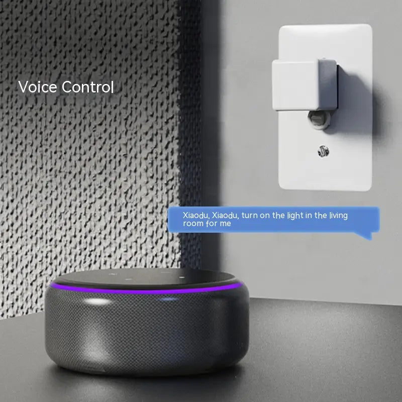 Black cylindrical bluetooth finger robot smart speaker with a textured surface and glowing purple ring around the top edge featuring voice control capabilities.