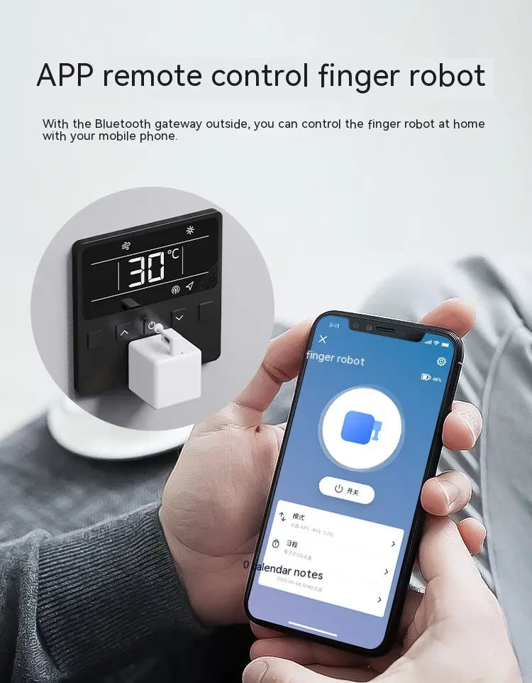 white cube-shaped bluetooth finger robot with digital display and control buttons mounted on a black thermostat for smart voice control applications.