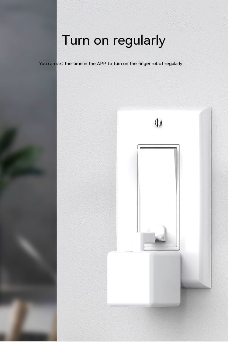white rectangular smart light switch with a sleek minimalist design featuring an integrated bluetooth finger robot and voice control functionality
