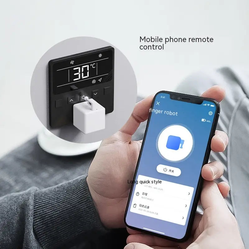 black digital thermostat displaying 30°c with white charging dock as part of a smart bluetooth finger robot with voice control device