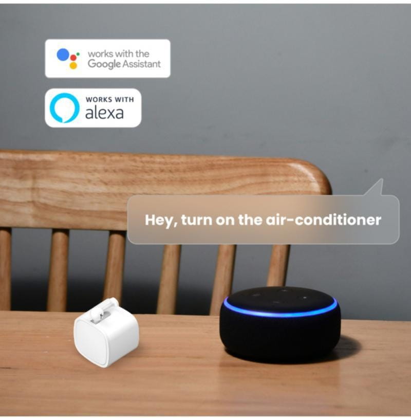 black cylindrical smart bluetooth finger robot speaker with voice control and a glowing blue ring indicating compatibility with google assistant and alexa.