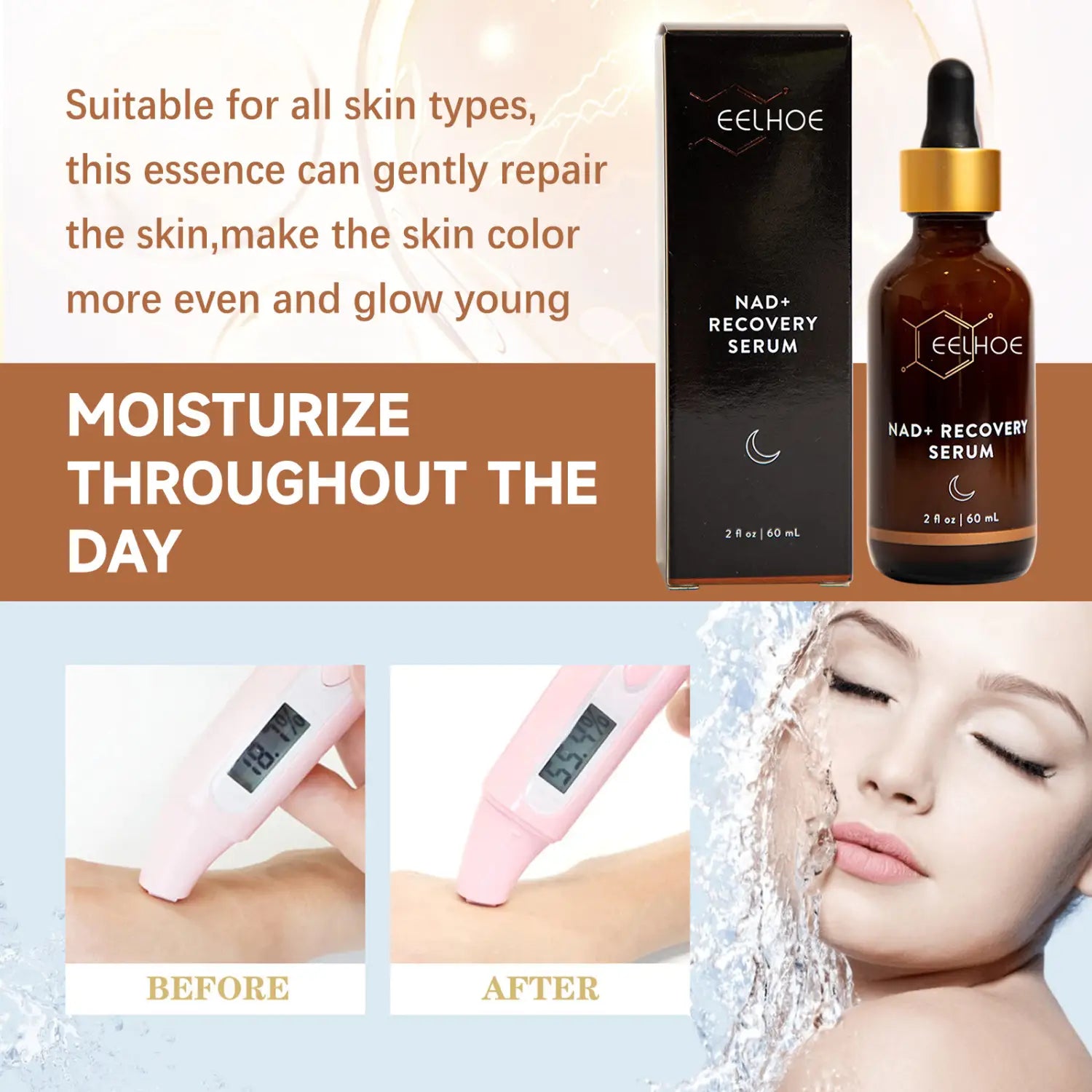 eelhoe facial fluid nad recovery serum in a dark amber glass bottle with gold dropper cap displayed next to its black anti-aging facial fluid packaging.