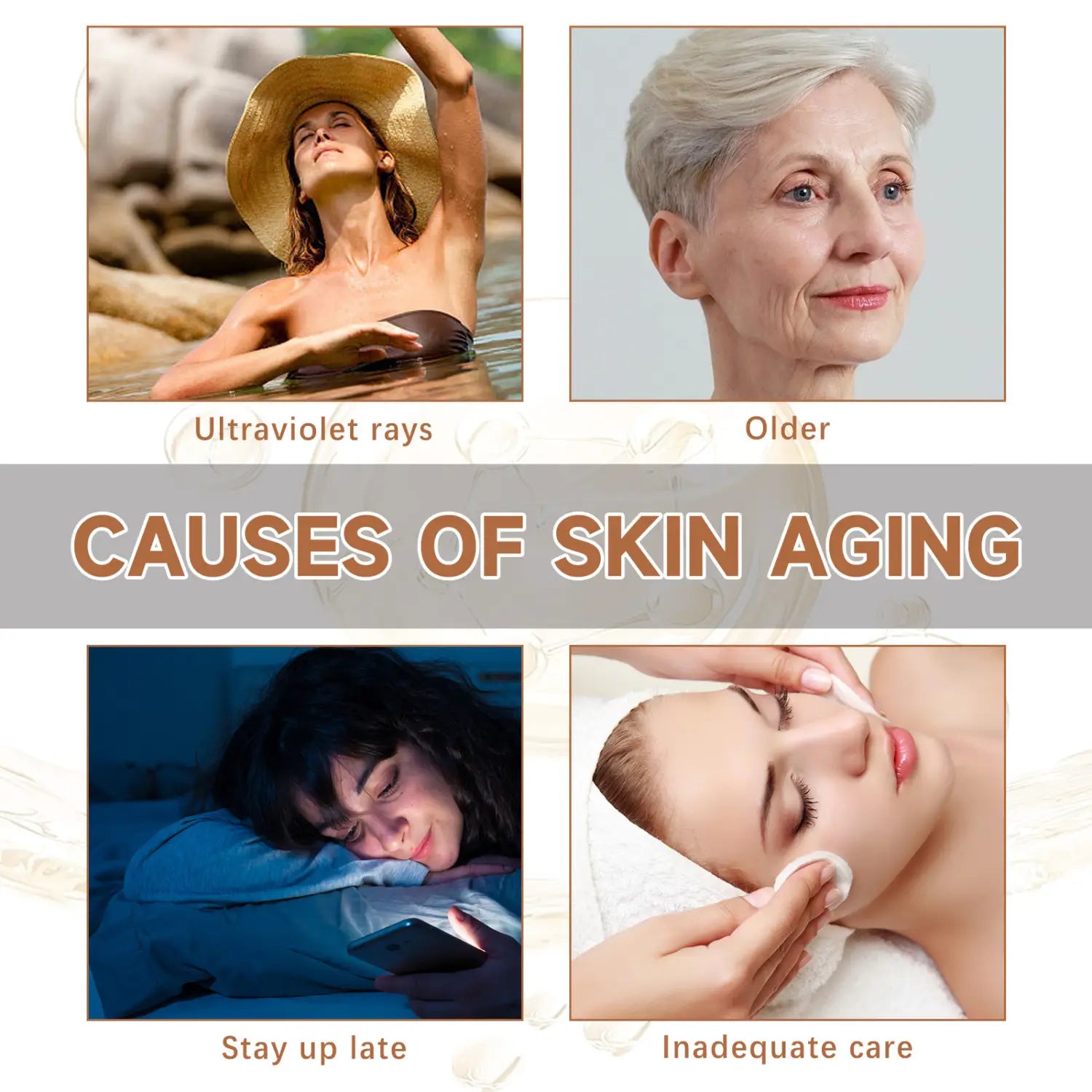 The image shows a collage of four scenes depicting causes of skin aging including ultraviolet exposure natural aging sleep deprivation and poor skincare for the eelhoe facial fluid anti-aging serum.