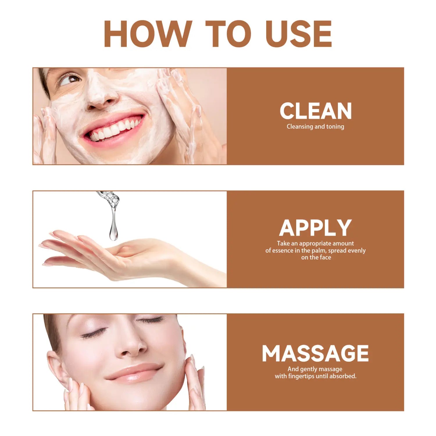 A woman demonstrating gentle massage steps while applying the anti-aging NAD Recovery eelhoe facial fluid serum for skin rejuvenation.
