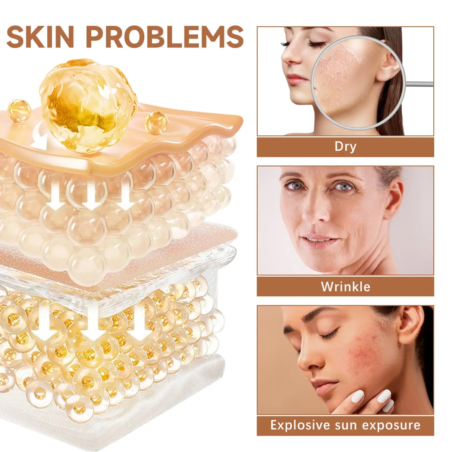a translucent multi-layered eelhoe facial fluid with golden spheres and a glossy amber droplet designed for anti-aging skincare.