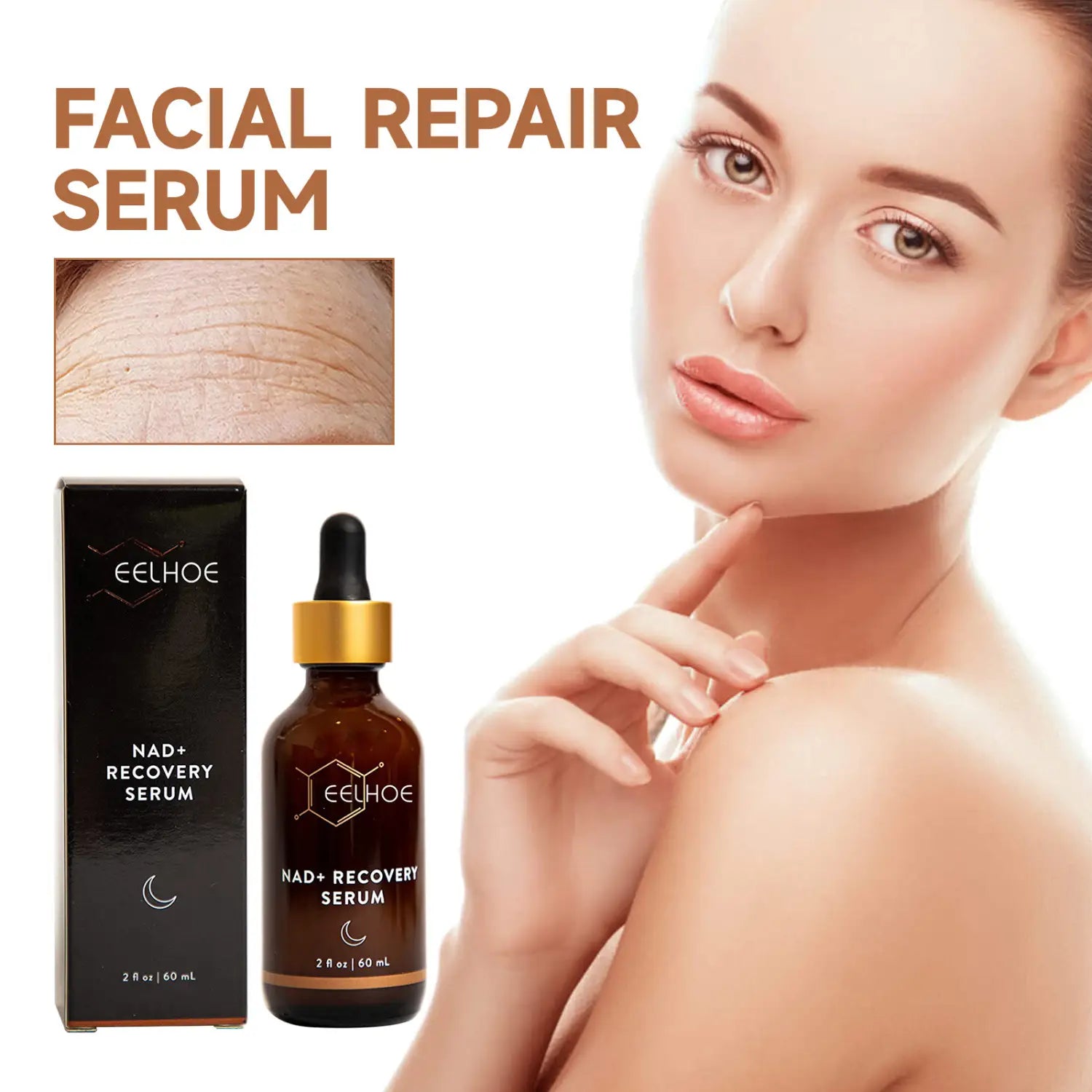 Eelhoe facial fluid facial repair serum in a dark amber glass bottle with a gold dropper cap next to its black packaging designed for anti-aging and NAD recovery.