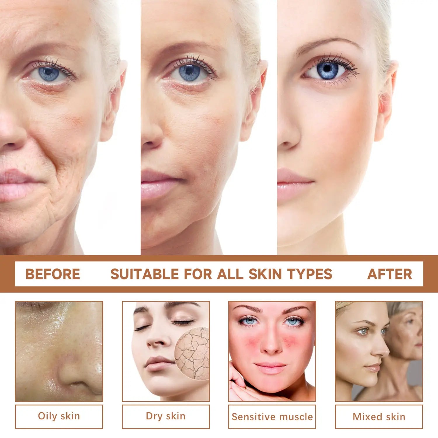 NAD Recovery Eelhoe facial fluid anti-aging serum for all skin types shown with before-and-after comparisons and close-ups of its effects on oily, dry, sensitive, and mixed skin.