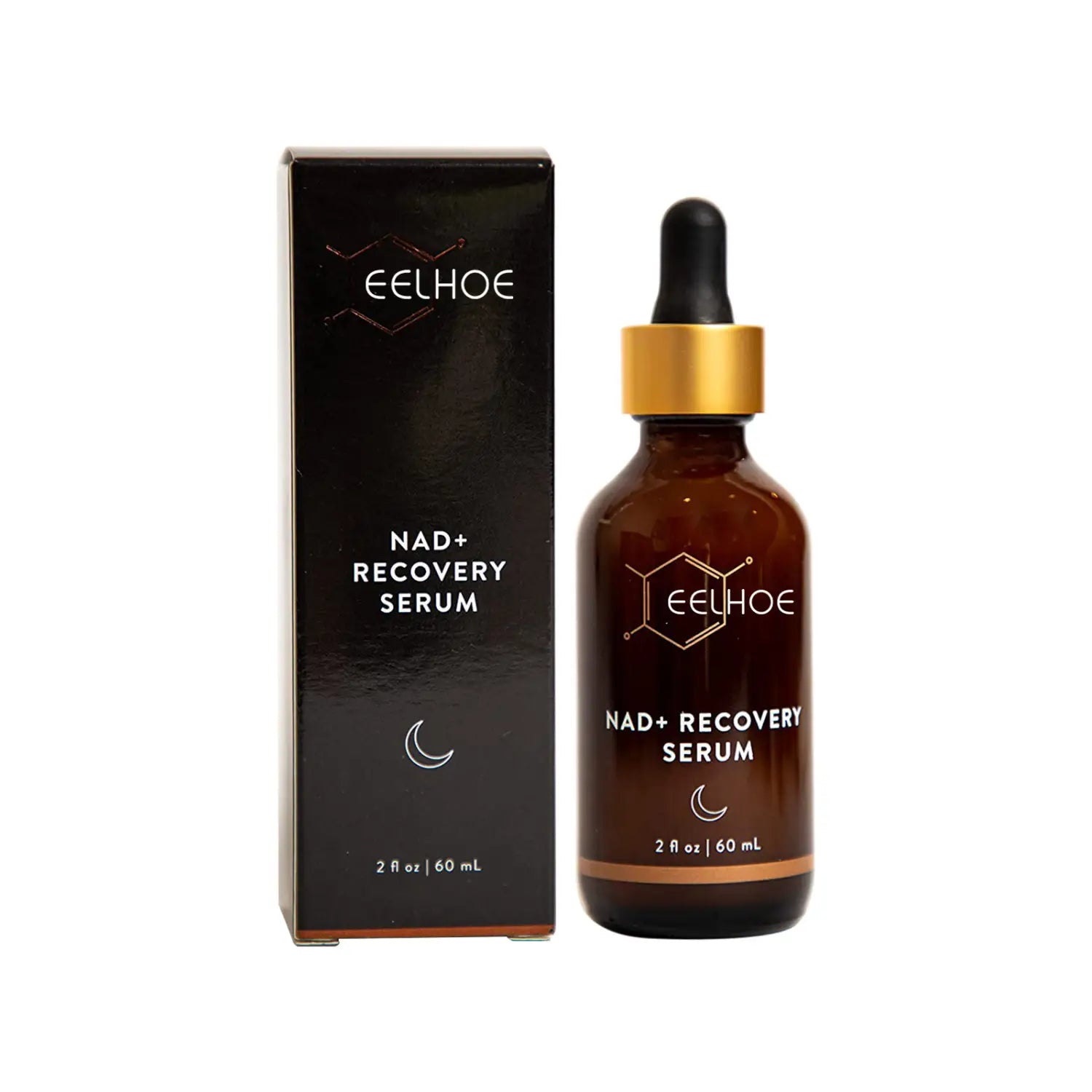 Nad recovery eelhoe facial fluid anti-aging serum in a sleek amber glass bottle with a gold cap and black dropper beside its matching dark box.