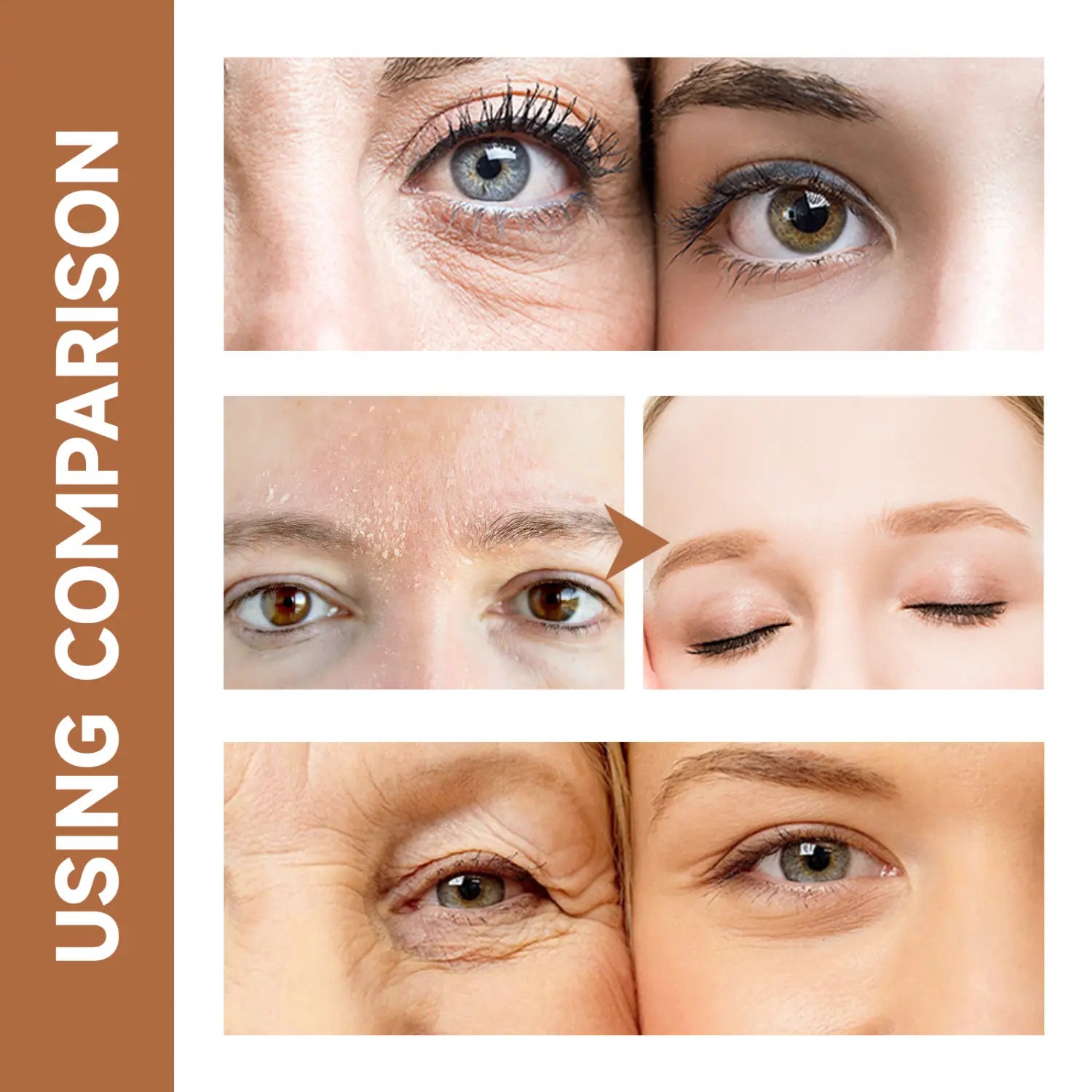 The image shows a before-and-after comparison of the eye and brow areas demonstrating wrinkle reduction effects of the NAD Recovery Eelhoe facial fluid anti-aging serum.
