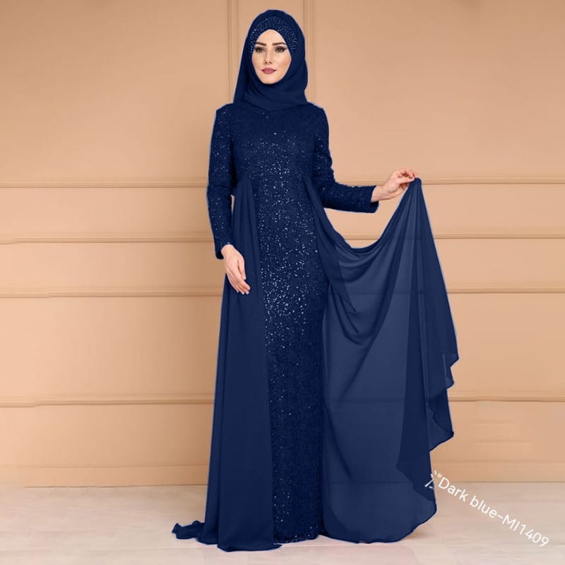 Noble elegant slim purple sequined evening gown featuring a dark blue abaya with long sleeves and a sheer sequined overlay for an elegant slim slimming look.