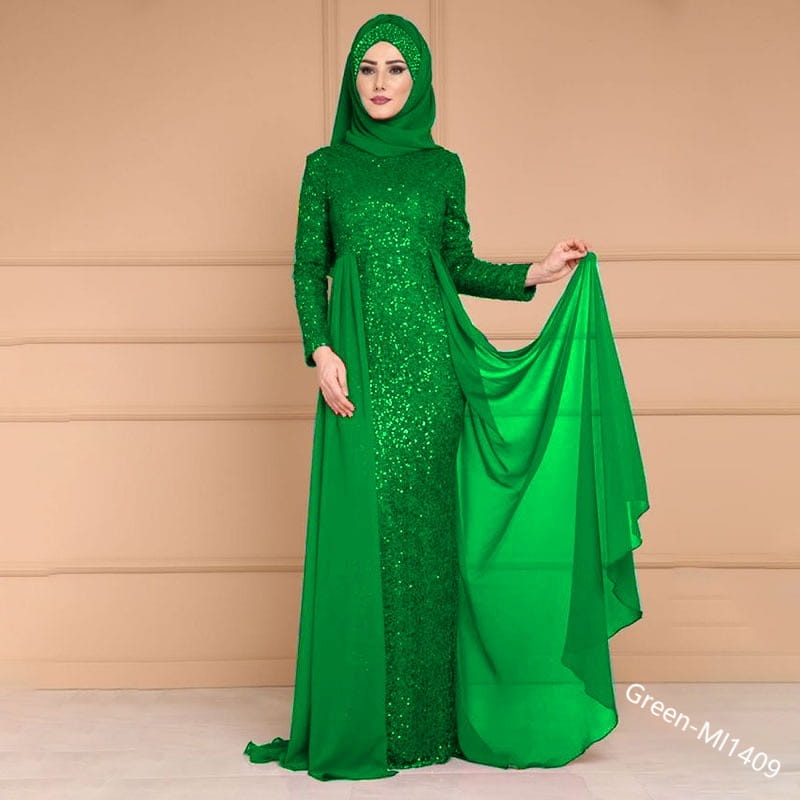 a noble elegant slim emerald green floor-length gown featuring a slim slimming sequined bodice and long sleeves paired with a matching hijab