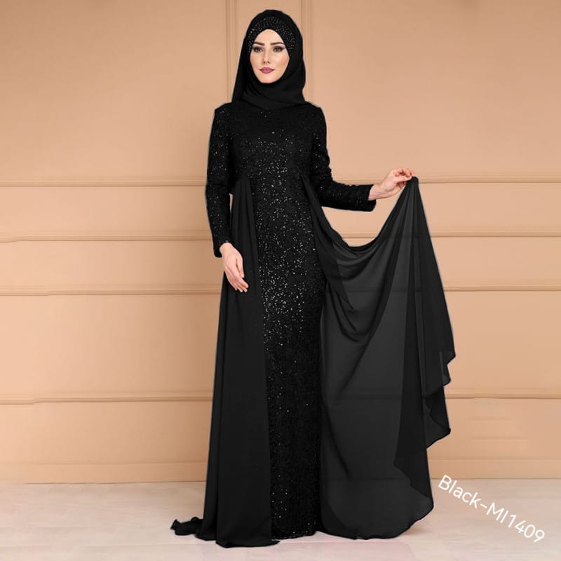 Black abaya with a sequined bodice and sheer overlay showcasing noble elegant slim design for evening wear.