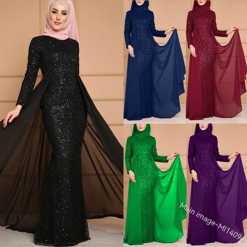 black sequined noble elegant slim mermaid-style evening gown with long sleeves and a flowing sheer overlay showcasing an elegant slim slimming design