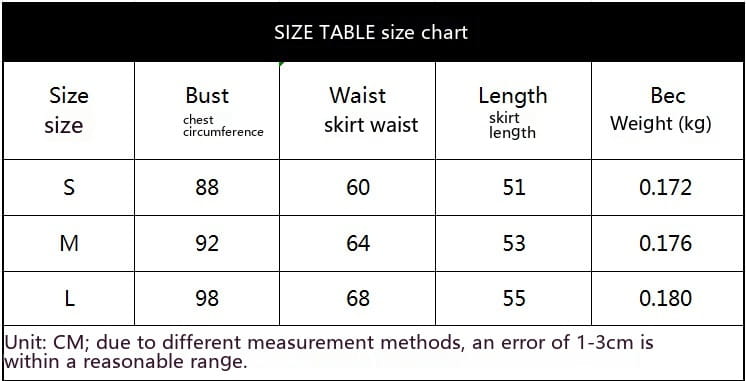 Size chart in centimeters for the black patent leather sexy corset dress bunny costume showing measurements for skirt sizes s, m, and l designed as a nightclub sexy corset garment.