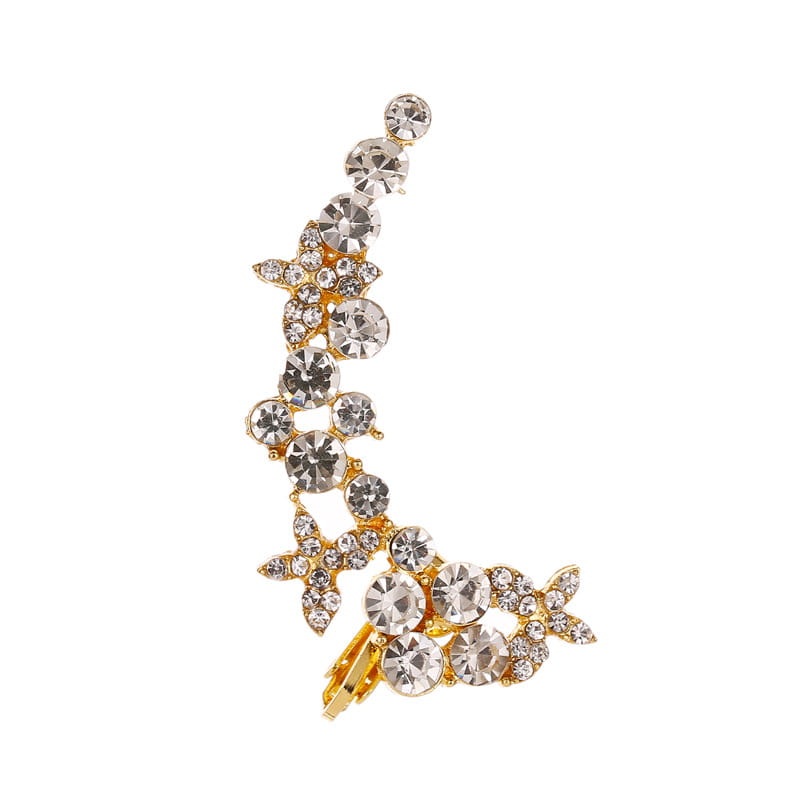 A sparkling gold-toned crystal butterfly flower rhinestone ear cuff featuring clear rhinestones and delicate floral designs.