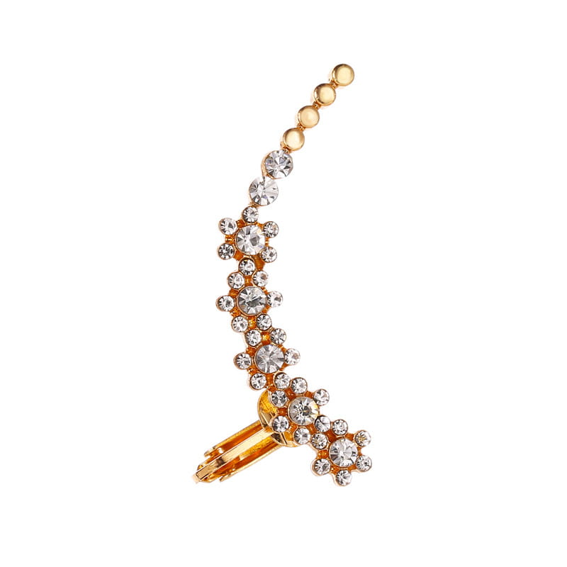Gold-toned crystal butterfly flower rhinestone ear cuff featuring clear rhinestones in a floral pattern along its curved design.