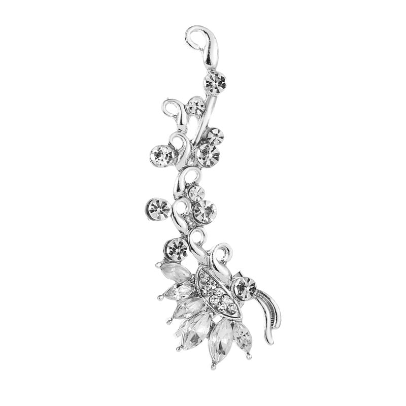 silver-toned butterfly flower single ear cuff adorned with clear faceted crystals along its wings and body featuring an elegant curved hook, a crystal butterfly flower accessory.