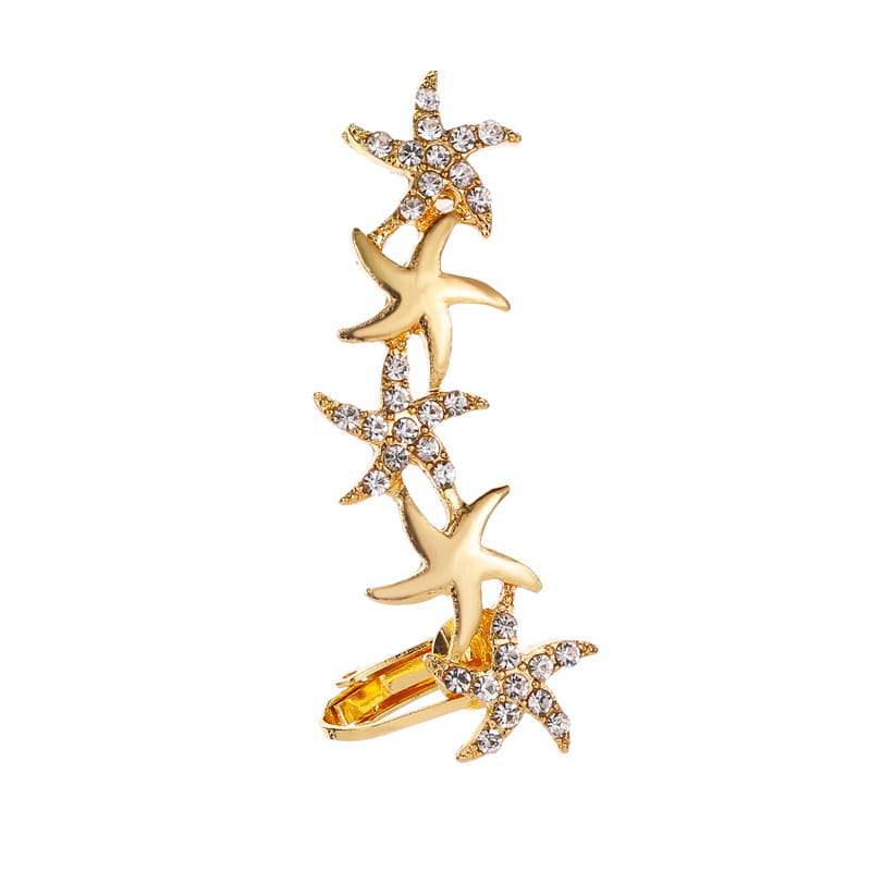 Gold-colored starfish ear cuff adorned with clear rhinestones as a crystal butterfly flower single accessory.