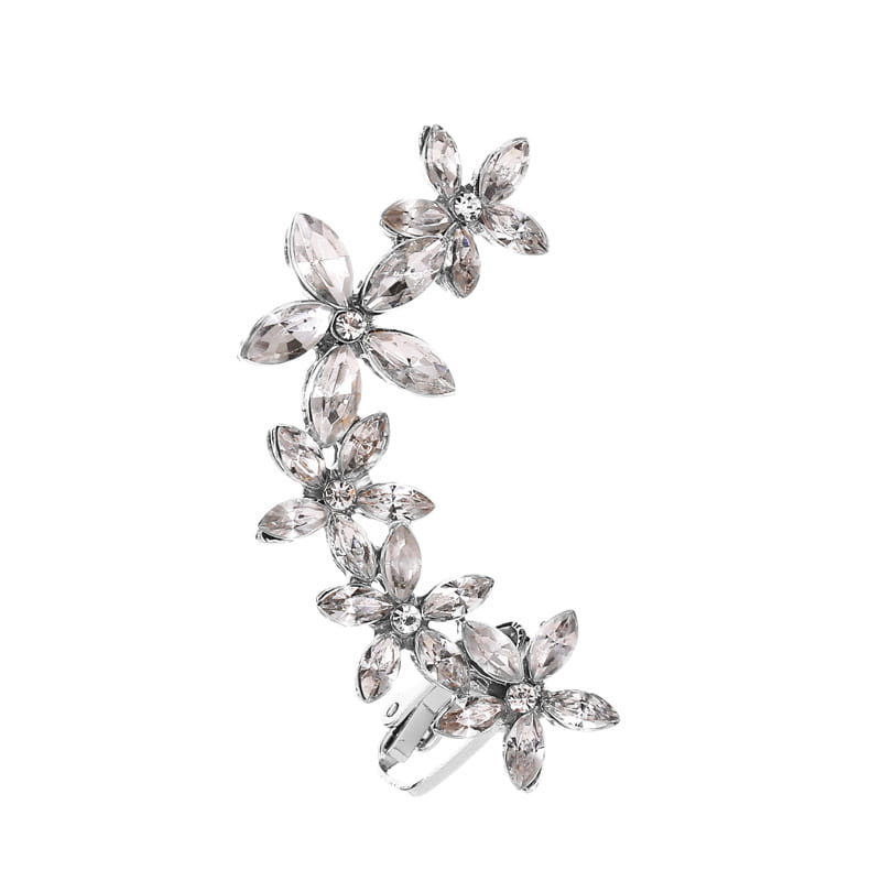 A sparkling silver crystal butterfly flower ear cuff adorned with clear faceted rhinestones and a sleek metallic clasp.