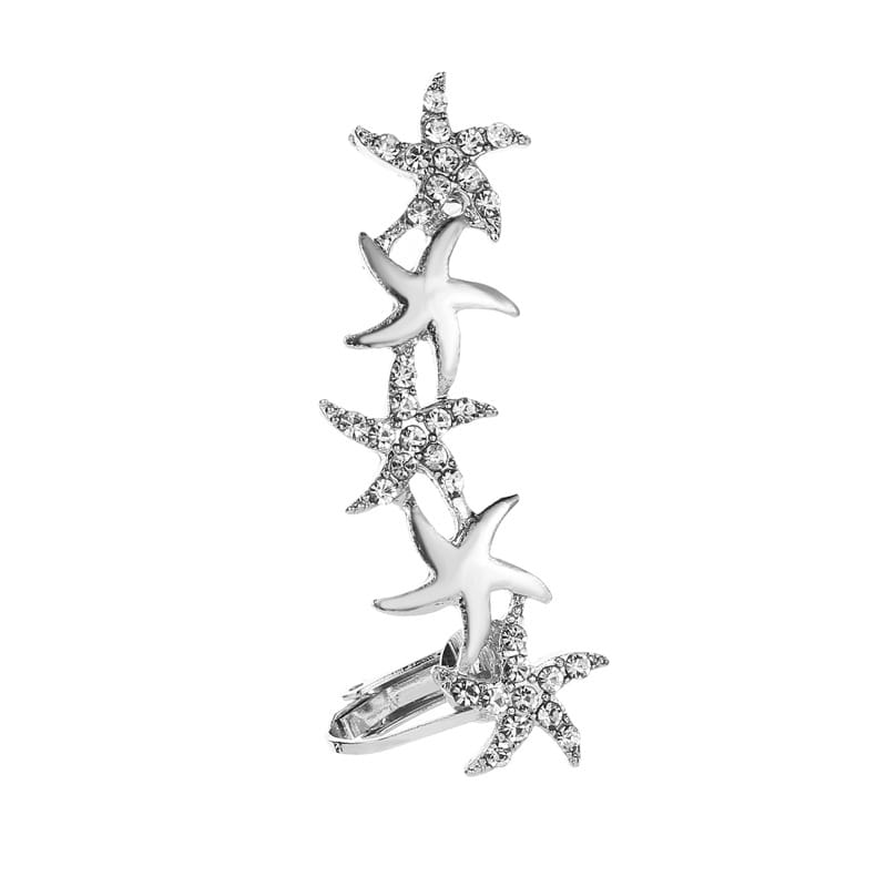 silver starfish-themed ear cuff adorned with sparkling rhinestones featuring a crystal butterfly flower design for elegant wear
