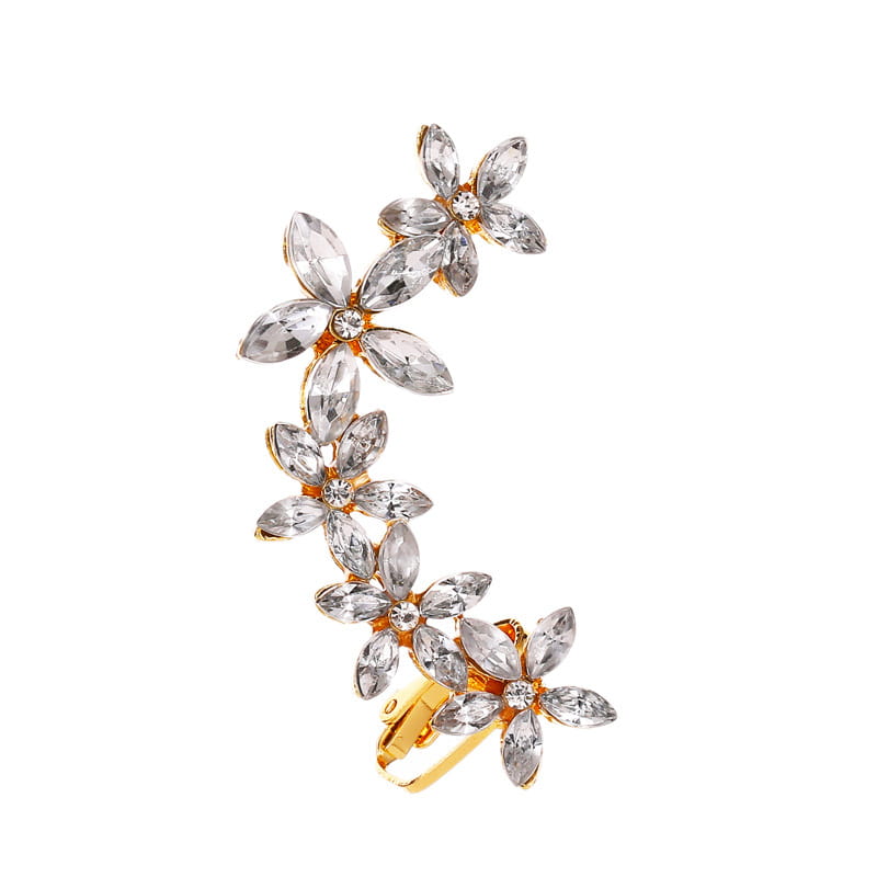 gold-toned ear cuff adorned with five clear faceted crystal butterfly flower rhinestones arranged in a curved row.