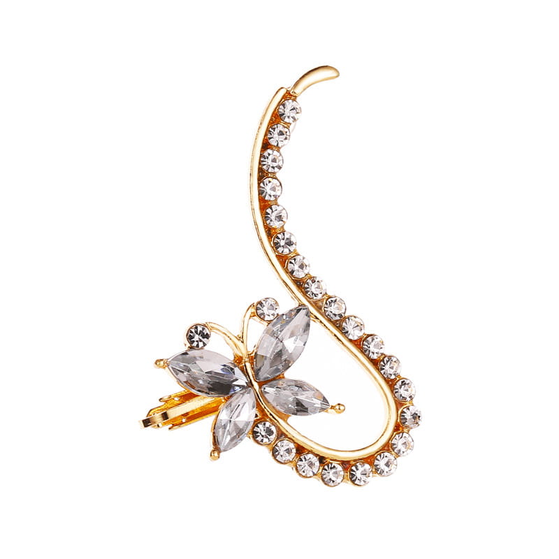 gold-colored ear cuff adorned with clear rhinestones featuring a central crystal butterfly flower motif made of faceted crystal stones for elegant wear